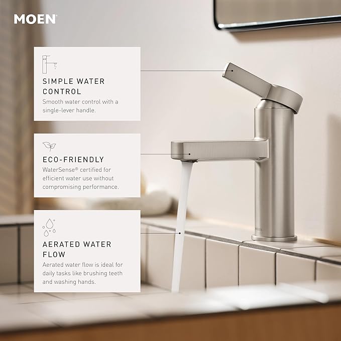 Moen Beric Chrome Modern One-Handle Single Hole Bathroom Faucet with Drain Assembly and Optional Deckplate for your Bath Sink, 84774
