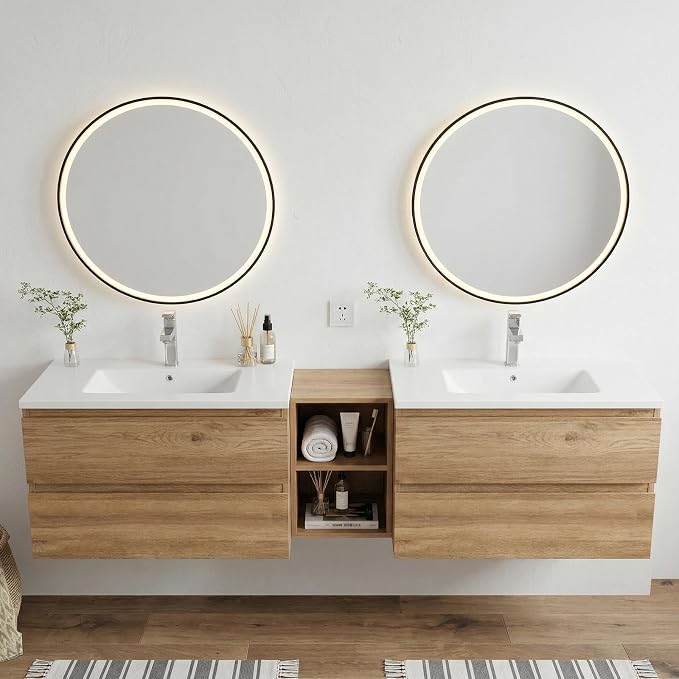 72"Modern Floating Double Sink Bathroom Vanity, Wall Mounted Bathroom Cabinet with U-Shaped Drawers, Beveled Invisible Handles Open Side Shelf, FSC Certified Wood Veneer (Wood color, 72 lnch)
