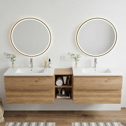 72"Modern Floating Double Sink Bathroom Vanity, Wall Mounted Bathroom Cabinet with U-Shaped Drawers, Beveled Invisible Handles Open Side Shelf, FSC Certified Wood Veneer (Wood color, 72 lnch)