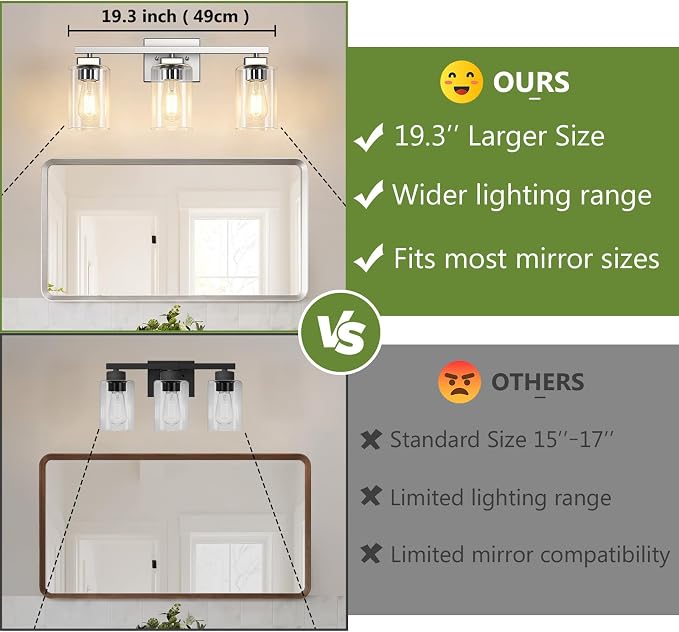 BesLowe 19” Bathroom Light Fixtures, 3-Light Vanity Light Brushed Nickel | Square Clear Glass & Durable Metal, Quick & Easy Installation, Standard E26 Socket, Bright Bathroom Lighting
