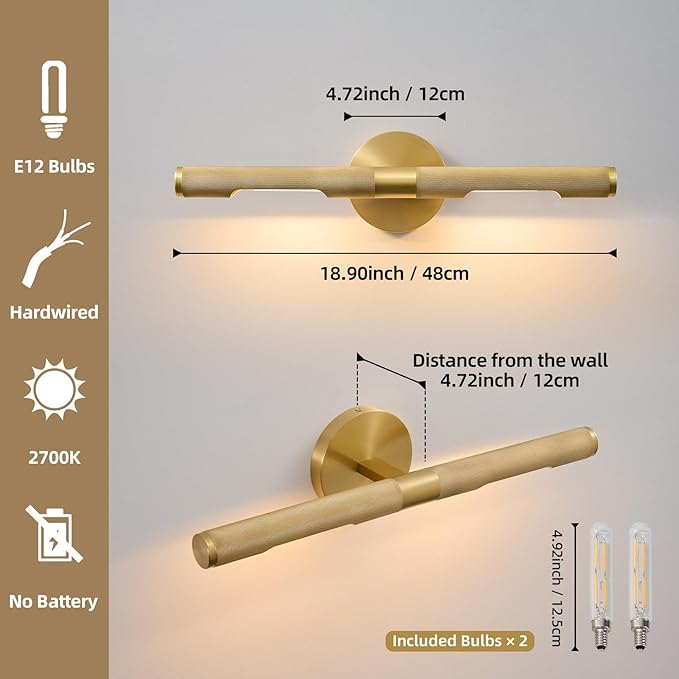 Museum Gallery Bathroom Picture Light - 19 Inch Long Gold Brass Dimmable Hardwired Wall Sconces with E12 Bulb - Frame Pictures Art Deco Sconce Lights for Painting Photo Artwork Library Vanity Over