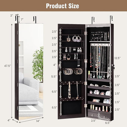LDAILY Jewelry Armoire Wall or Door Mounted, Full-Length Mirror with Storage, Lockable Mirror Jewelry Cabinet w/ 2 Drawers, LED Lights, Over the Door Jewelry Organizer Box for Women Girls