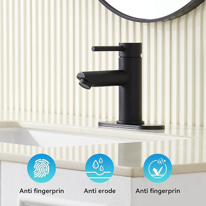 Bathroom Faucets with Pop Up Drain, Stainless Steel Single Handle Bathroom Sink Faucets with Water Faucet Supply Lines for Farmhouse RV Vanity(Matte Black)