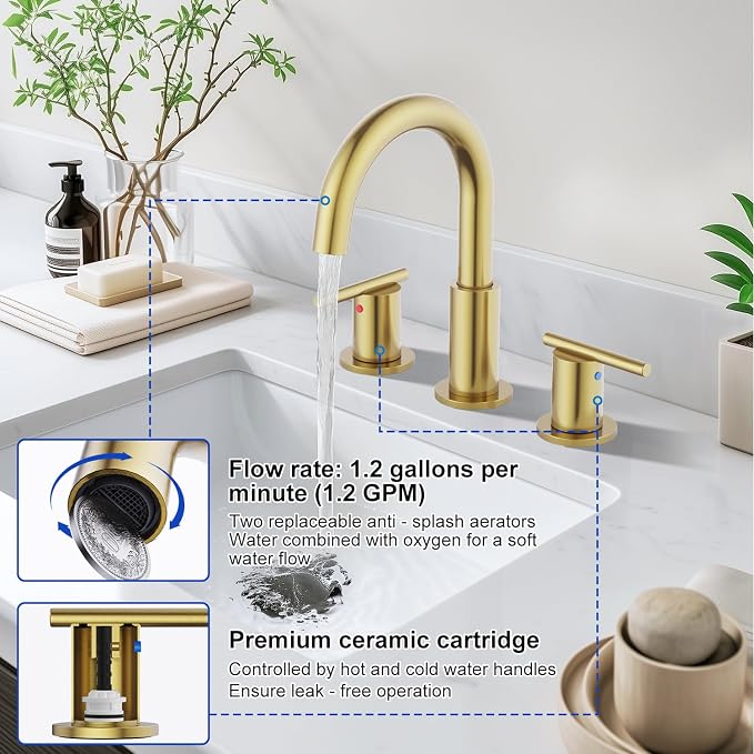 Bathroom Faucets for 3 Hole Sinks, Hurran 8 Inch Brushed Gold Double Handle Bathroom Sink Faucet with 360° Rotating Spout & Pop-Up Drain, Widespread Faucet Suitable for Vanity, RV & Outdoor Sinks