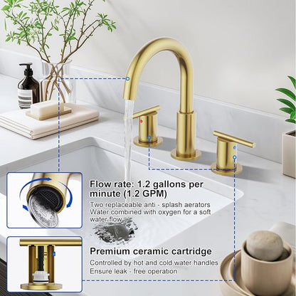 Bathroom Faucets for 3 Hole Sinks, Hurran 8 Inch Brushed Gold Double Handle Bathroom Sink Faucet with 360° Rotating Spout & Pop-Up Drain, Widespread Faucet Suitable for Vanity, RV & Outdoor Sinks