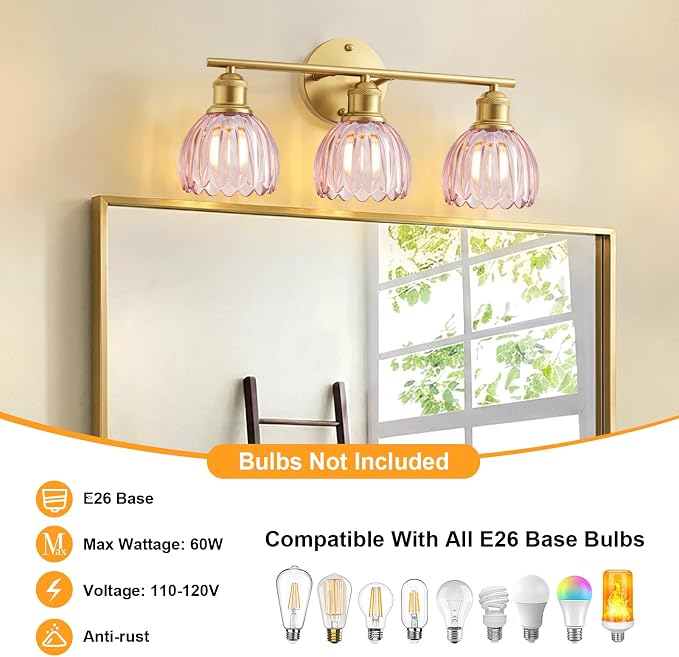 Bathroom Light Fixtures, 3-Light Brushed Gold Vanity Lights for Bathroom with Pink Tulip Glass Shade, 20" Vintage Bathroom Vanity Lighting Fixtures Over Mirror for Bedroom Living Room Hallway