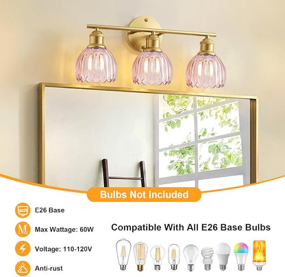 Bathroom Light Fixtures, 3-Light Brushed Gold Vanity Lights for Bathroom with Pink Tulip Glass Shade, 20" Vintage Bathroom Vanity Lighting Fixtures Over Mirror for Bedroom Living Room Hallway