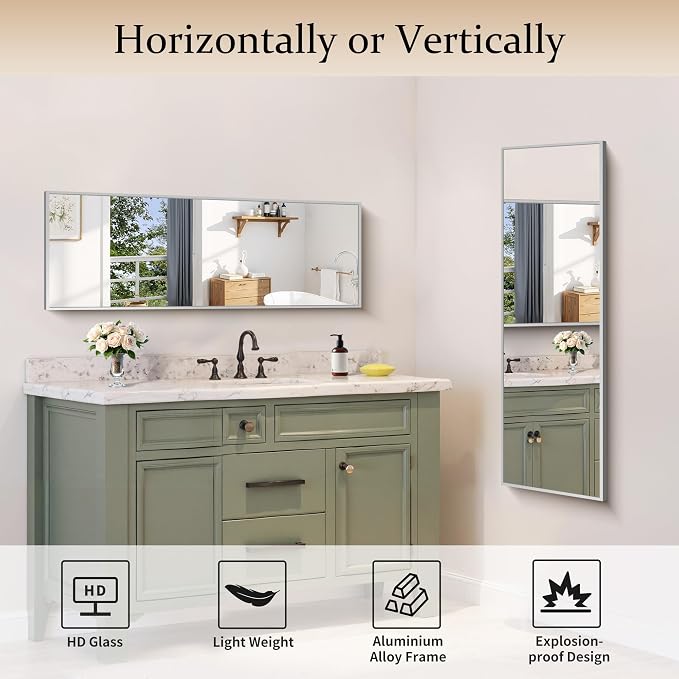 COFENY Silver Bathroom Mirror for Wall, 16x48 Inch Rectangle Mirror with Metal Frame, Modern Vanity Mirrors for Bathroom Living Room, Entryway Hangs Horizontal or Vertical