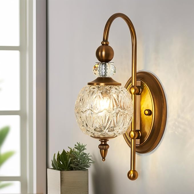 Vintage Gold Wall Sconce with Glass Globe Shade Mid Century Brushed Brass G9 Bulb Vanity Light Indoor Wall Light for Bathroom Farmhouse Bedroom Living Room Hallway