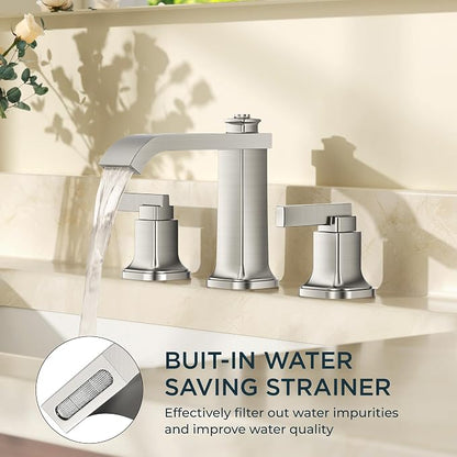 FORIOUS Bathroom Faucet 3 Hole Widespread Sink Faucets Brushed Nickel | 3-hole 4-12 Inch Widespread Sink, Square Waterfall Spout, with Drain and Hoses,for Vanity Rv Commercial Lavatory Restroom