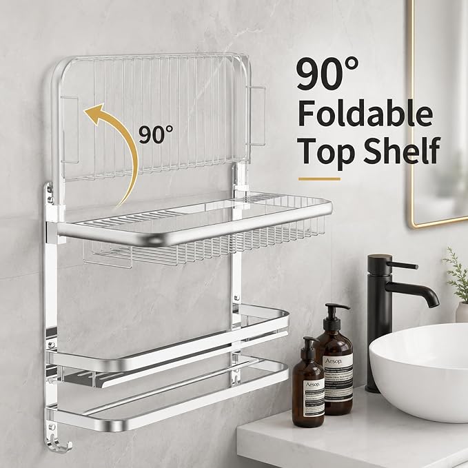 23 Inch Towel Rack for Bathroom with 3 Tier Shelf Double Bar Hook (Silvery) | 90 Degree Foldable Top Design, Wall Mounted Storage Shelf of 304 Stainless Steel, No Drill or Screw Installation