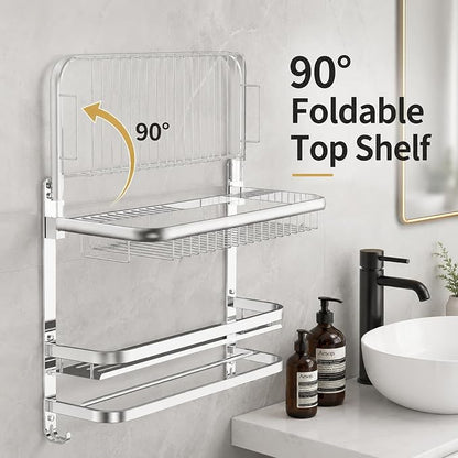 23 Inch Towel Rack for Bathroom with 3 Tier Shelf Double Bar Hook (Silvery) | 90 Degree Foldable Top Design, Wall Mounted Storage Shelf of 304 Stainless Steel, No Drill or Screw Installation