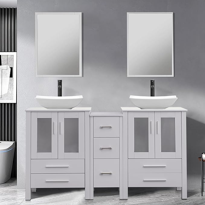 UEV 60" Double Sink Bathroom Vanity,Grey Bathroom Vanity with Double Side Vanity Cabinets & Removable 3 Drawer Storage Cabinet,Modern Artistic Ceramic Vessel Sink Combo,Mirror Not Included(032WH)