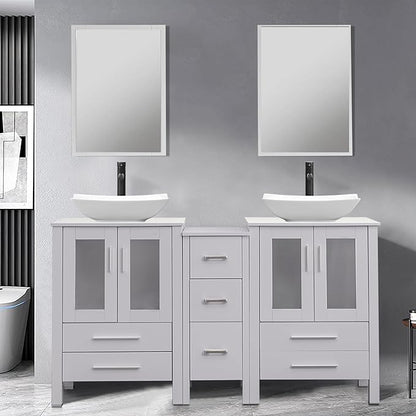 UEV 60" Double Sink Bathroom Vanity,Grey Bathroom Vanity with Double Side Vanity Cabinets & Removable 3 Drawer Storage Cabinet,Modern Artistic Ceramic Vessel Sink Combo,Mirror Not Included(032WH)