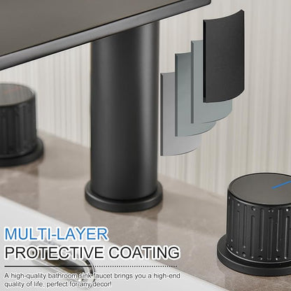 becola Black Bathroom Faucet 3 Hole, 8 inch Widespread Bathroom Faucet with Top Storage, Waterfall Bathroom Faucet，2-Handle Modern Vanity Faucet with Adjust Knobs and Two Supply Lines