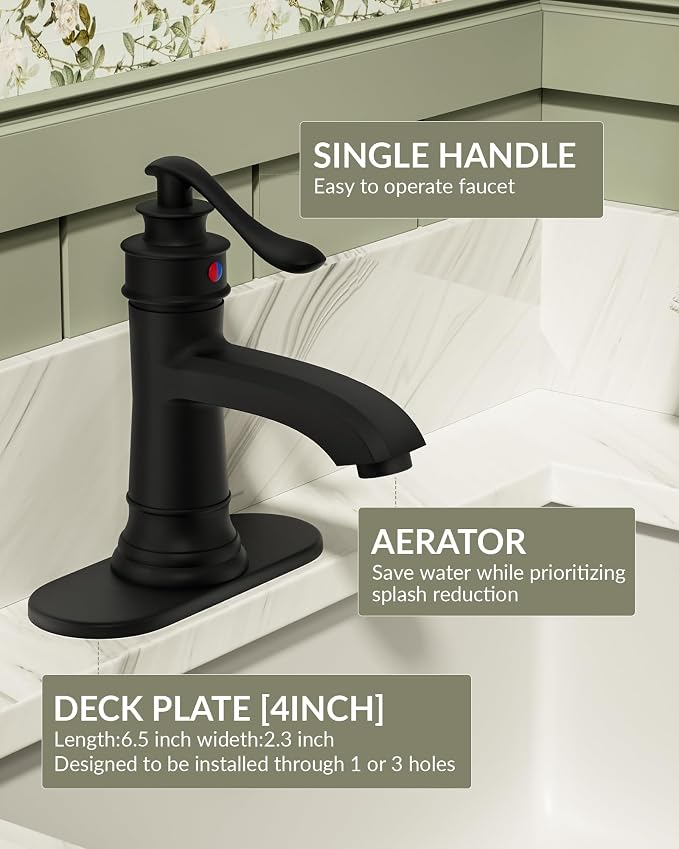 Matte Black Bathroom Faucet Brass Single Handle Bathroom Sink Faucets | Single Hole Farmhouse Faucet Vanity Lavatory RV with Overflow Pop Up Drain Mixer Tap Commcercial Rustic by BATHLAVISH