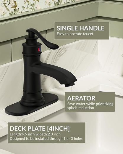 Matte Black Bathroom Faucet Brass Single Handle Bathroom Sink Faucets | Single Hole Farmhouse Faucet Vanity Lavatory RV with Overflow Pop Up Drain Mixer Tap Commcercial Rustic by BATHLAVISH