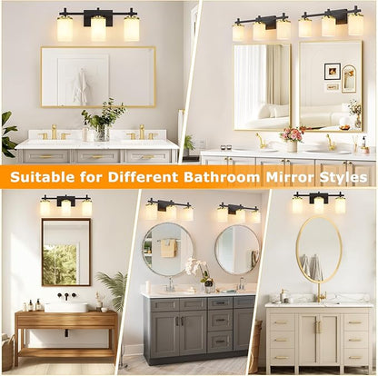 3-Lights Black and Gold Bathroom Lighting Fixtures Over Mirror, Anti-Rust Vanity Wall Lights for Bathroom with Milky White Frosted Glass Shades, Modern Bath Wall Lamp for Living Room Bedroom