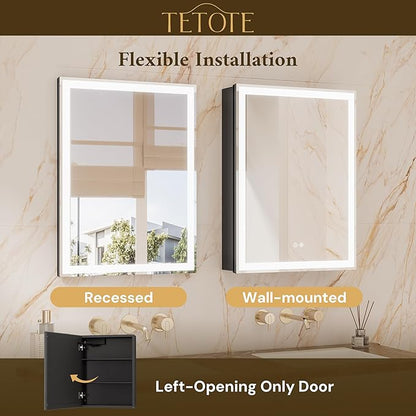 TETOTE 20 x 26 Lighted Bathroom Medicine Cabinet with Adjustable Shelves, Black Aluminum Cabinet, Anti-Fog Stepless Dimmable 3 Colors White/Warm/Natural, Easy to Install(Wall Mount/Recessed)