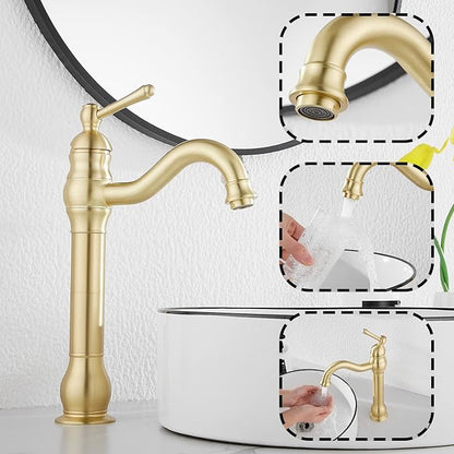 GGStudy 360 Swivel Single-Handle One Hole Vessel Sink Faucet with Matching Pop Up Drain - Brushed Gold Farmhouse Bathroom Vanity Faucet