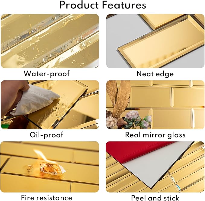 Peel and Stick 3x6 Inch Beveled Gold Mirror Tile Subway Mirror Glass Backsplash for Kitchen Bathroom Wall (40 Pcs, 5 SQ.FT.)