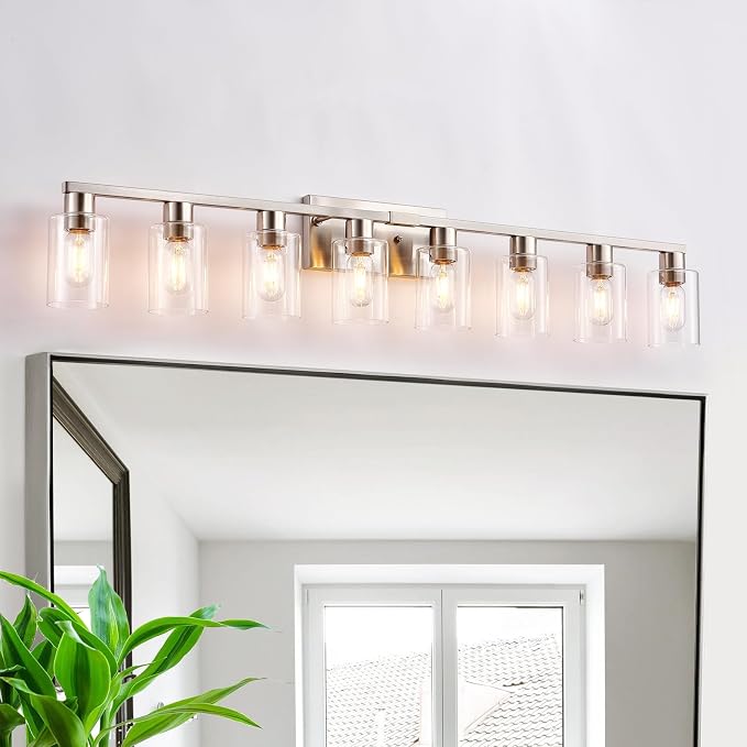 8 Light Bathroom Vanity Light, Large Brushed Nickel Vanity Lights Fixtures, Bathroom Lighting Fixture Over Mirror with Clear Glass Shade for Mirror, Bedroom, Living Room, Wall Lamp