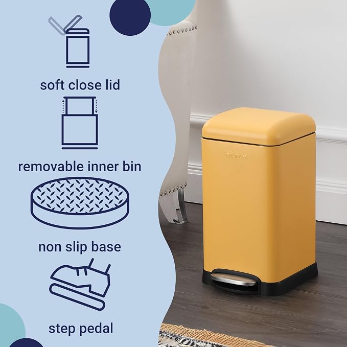 happimess Betty Retro Mini 3.2 Gal Step Trash Can, Daffodil Yellow | Soft-Close Lid, Removable Liner, Iron, Hands-Free Pedal, Satin Finish, Non-Skid Base, Built-In Damper, Modern, Minimalistic
