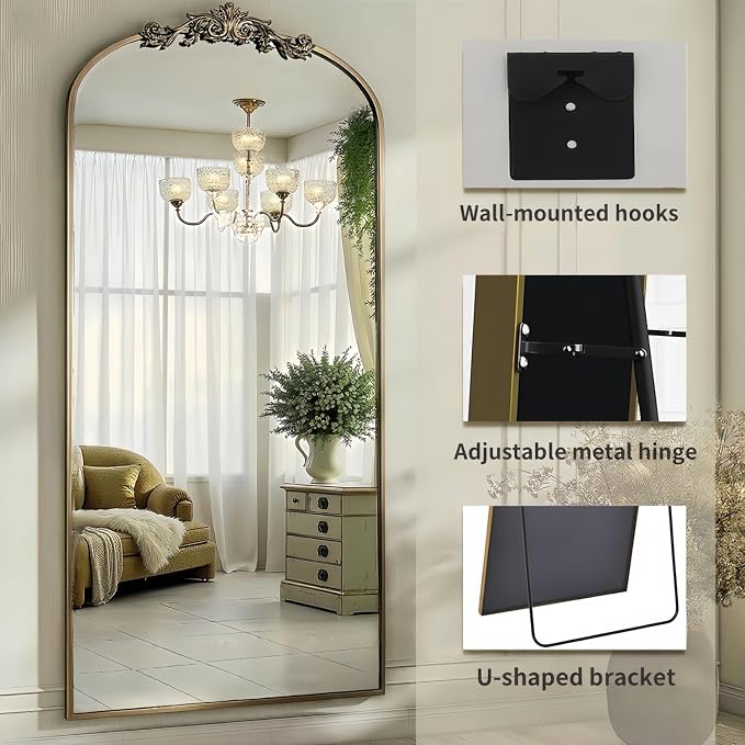 Dewfig Arched Full Length Mirror, 71"x28" Floor Mirror with Carved, Bronze | Antique Full Body Mirror, HD Shatterproof Tempered Glass, Lean/Stand/Wall for Bedroom, Living Room, Cloakroom, Home Decor