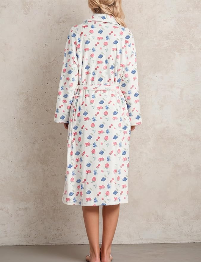 Women Fleece Fruit Print Robe Cute Robes for Women Spring Summer Lightweight Bathrobe Soft Flannel Gown with Belt