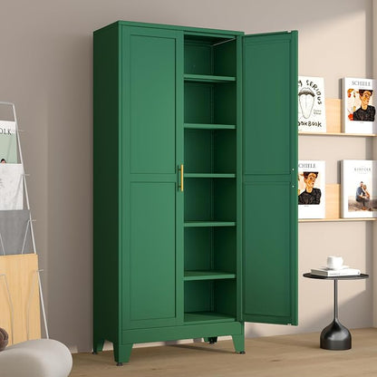 Metal Pantry Cabinet with 2 Doors and 5 Adjustable Shelves, 75"Kitchen Storage cabinets with Gold Handles, Versatile Storage for Laundry Room, Living Room, Bathroom, Dinning Room, Utility Room-Green