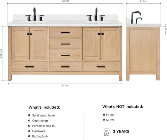 DKB Beckford 72-Inch Oak Double Bathroom Vanity, 1.5-Inch Pure White Quartz Countertop & 4-Inch Backsplash, Rectangle Sinks, 4 Soft Closing Doors, 6 Dovetail Drawers, Matte Black Hardware