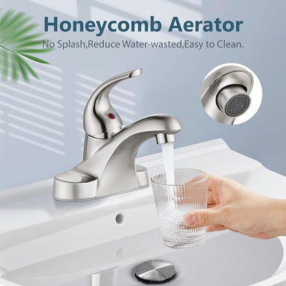 Aolemi Bathroom Faucets Arc 4 Inch Centerset Bathroom Sink Faucet Single Handle Vanity Faucet with Supply Lines,with Pop Up Drain Assembly,Brushed Nickel