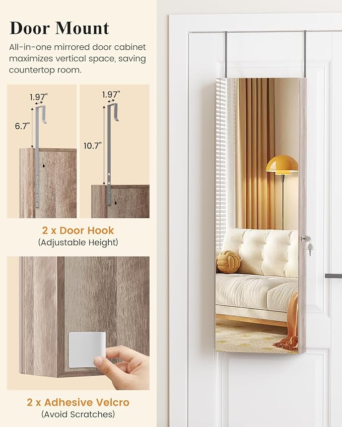 LVSOMT Over The Door Jewelry Organizer, 6 LED Wall Mounted Jewelry Cabinet | Lockable 42.5" Full Length Mirror with Jewelry Storage, Hanging Jewelry Mirror Cabinet, Jewelry Armoire for Women, Wood