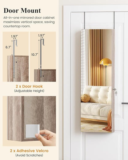 LVSOMT Over The Door Jewelry Organizer, 6 LED Wall Mounted Jewelry Cabinet | Lockable 42.5" Full Length Mirror with Jewelry Storage, Hanging Jewelry Mirror Cabinet, Jewelry Armoire for Women, Wood
