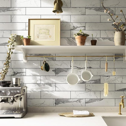 Vamos Tile Peel and Stick Backsplash, Glossy 40-Piece 3''x12'' Subway Tile | Statury White with Dark Gray Grout Wall Tile,PVC Faux Stone Stick on Subway Tiles for Kitchen,Bathroom,Laundry,Camper