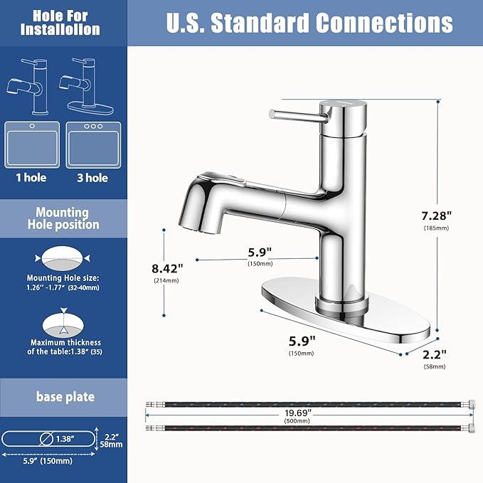 HURRAN Pull Out Bathroom Faucet, Single Handle Basin Mixer Tap with 2 Modes, Utility Sink Faucet with Deck Plate, Stainless Steel, Chrome