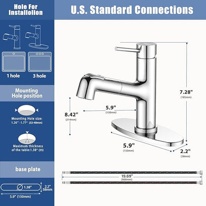 HURRAN Pull Out Bathroom Faucet, Single Handle Basin Mixer Tap with 2 Modes, Utility Sink Faucet with Deck Plate, Stainless Steel, Chrome