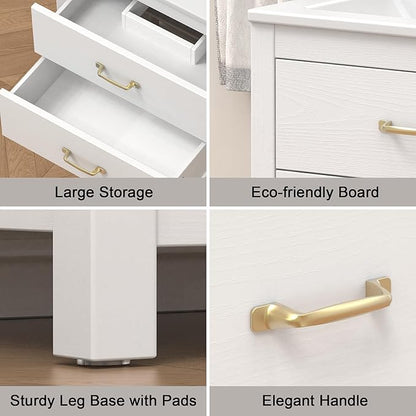 Bathroom Vanity with Sink 24 Inch, Modern Bathroom Cabinet Set with LED Light for Small Space, 2 Soft-Close Drawers with Organizer, Deep and Sloped Single Sink, Easy Assembly, White