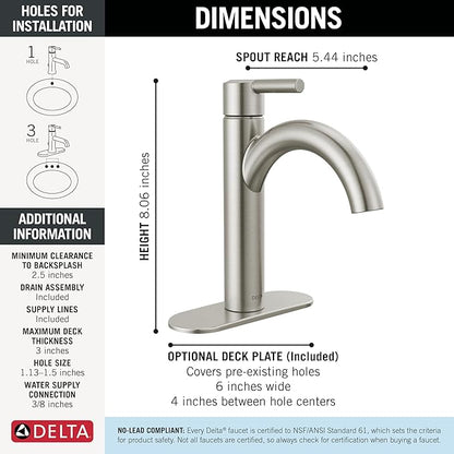 Delta Nicoli Brushed Nickel Bathroom Faucet 1 Hole, Single Hole Bathroom Sink Faucet for Vanity, Push-Pop Drain Assembly, Stainless 15749LF-SS