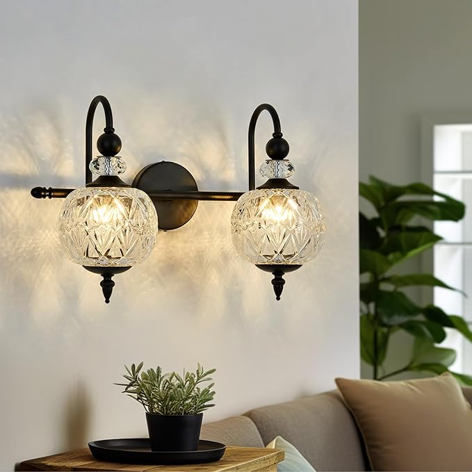 Vintage Bathroom Light Fixtures Black Vanity Light with Glass Globe LampShade 2 Lights Mid Century G9 Bulb Wall Sconce Indoor Vanity Light Over Mirror for Kitchen Bedroom Farmhouse