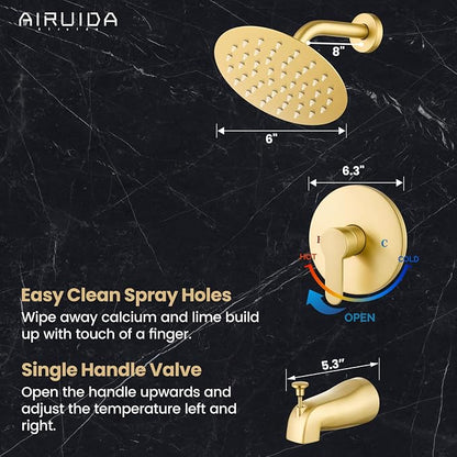 Airuida Shower Faucet Set with Tub Spout,6" Bathtub Faucet-Brushed Gold | Male Threads Rough-In Valve,Round Head Shower System,Tub and Shower Kit Set