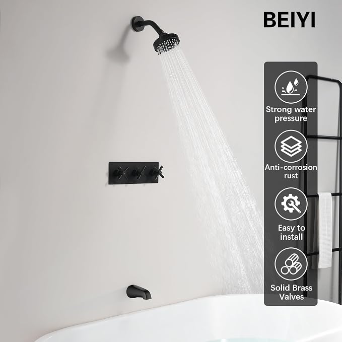 3 Handle Tub Shower Faucet Matte Black Shower Tub Faucet Set | 3 Knob Bathtub Shower Faucets Sets Complete for Bathroom Shower Trim Kit with Rough-in Valve