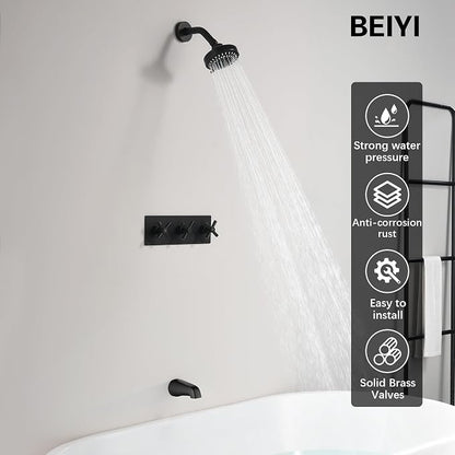 3 Handle Tub Shower Faucet Matte Black Shower Tub Faucet Set | 3 Knob Bathtub Shower Faucets Sets Complete for Bathroom Shower Trim Kit with Rough-in Valve