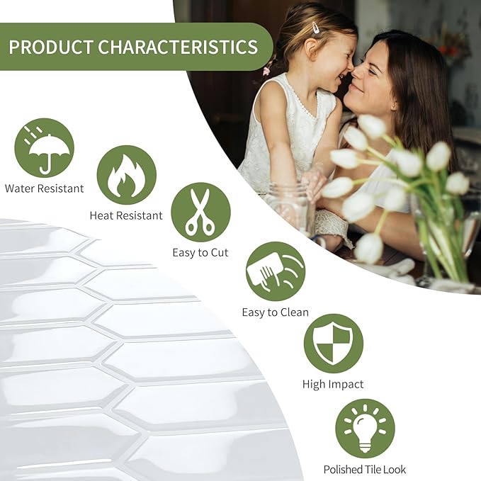 White Long Hexagon Tile Peel and Stick Backsplash, 10 Sheets Self-Adhesive Wall Tiles Stick on Back Splash for Kitchen, Bathroom, Fireplace,RV(12"×12") | Self-Adhesive Wall Tiles Stick on Back Splash for Kitchen, Bathroom, Fireplace,RV(White,12"×12")