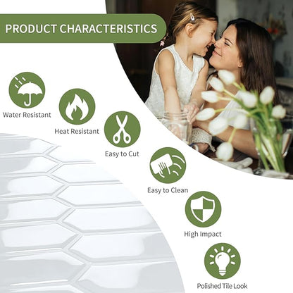 White Long Hexagon Tile Peel and Stick Backsplash, 10 Sheets Self-Adhesive Wall Tiles Stick on Back Splash for Kitchen, Bathroom, Fireplace,RV(12"×12") | Self-Adhesive Wall Tiles Stick on Back Splash for Kitchen, Bathroom, Fireplace,RV(White,12"×12")