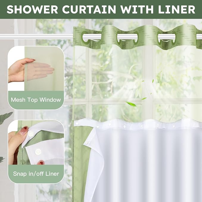 FADOTY Green No Hook Shower Curtain Set with Snap in Liner, 71'' x 74'' | Bathroom Hotel Fabric Curtain, Waterproof Washable Liner, See Through Top Window, Ringless Chevron Tufted Cloth Curtain