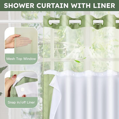 FADOTY Green No Hook Shower Curtain Set with Snap in Liner, 71'' x 74'' | Bathroom Hotel Fabric Curtain, Waterproof Washable Liner, See Through Top Window, Ringless Chevron Tufted Cloth Curtain