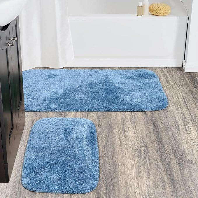 Garland Rug Traditional Nylon Washable Basin Blue 2 Bath Rugs (21" X 34", 22" X 60") - Soft, Absorbent, and Stylish for Your Bathroom