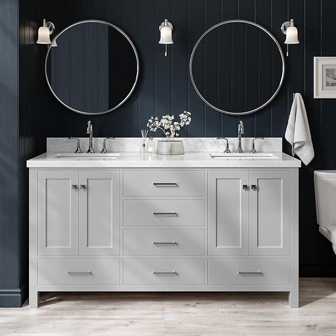 ARIEL Cambridge 66-inch Bathroom Vanity with Sink,Solid Wood, 1.5-inch Italian Carrara Marble Countertop, Double Rectangular Porcelain Sink, 4 Soft Closing Doors, 6 Dovetail Drawers, Grey