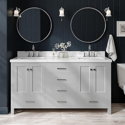 ARIEL Cambridge 66-inch Bathroom Vanity with Sink,Solid Wood, 1.5-inch Italian Carrara Marble Countertop, Double Rectangular Porcelain Sink, 4 Soft Closing Doors, 6 Dovetail Drawers, Grey
